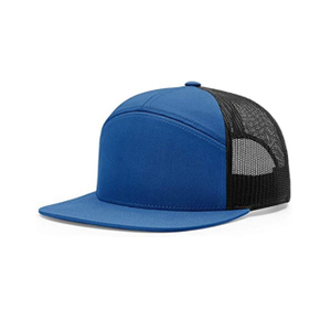 Boné de camionista snapback de sete painéis de algodão e poliéster de alta qualidade, cor azul, viseira plana, boné de malha snapback