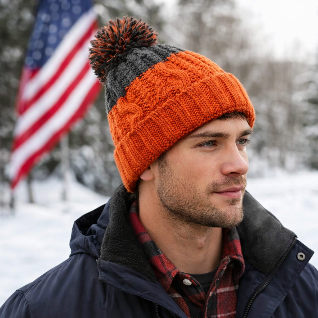 Gorro com pompom de pele sint&eacute;tica com punhos de malha: um chap&eacute;u cl&aacute;ssico de inverno essencial